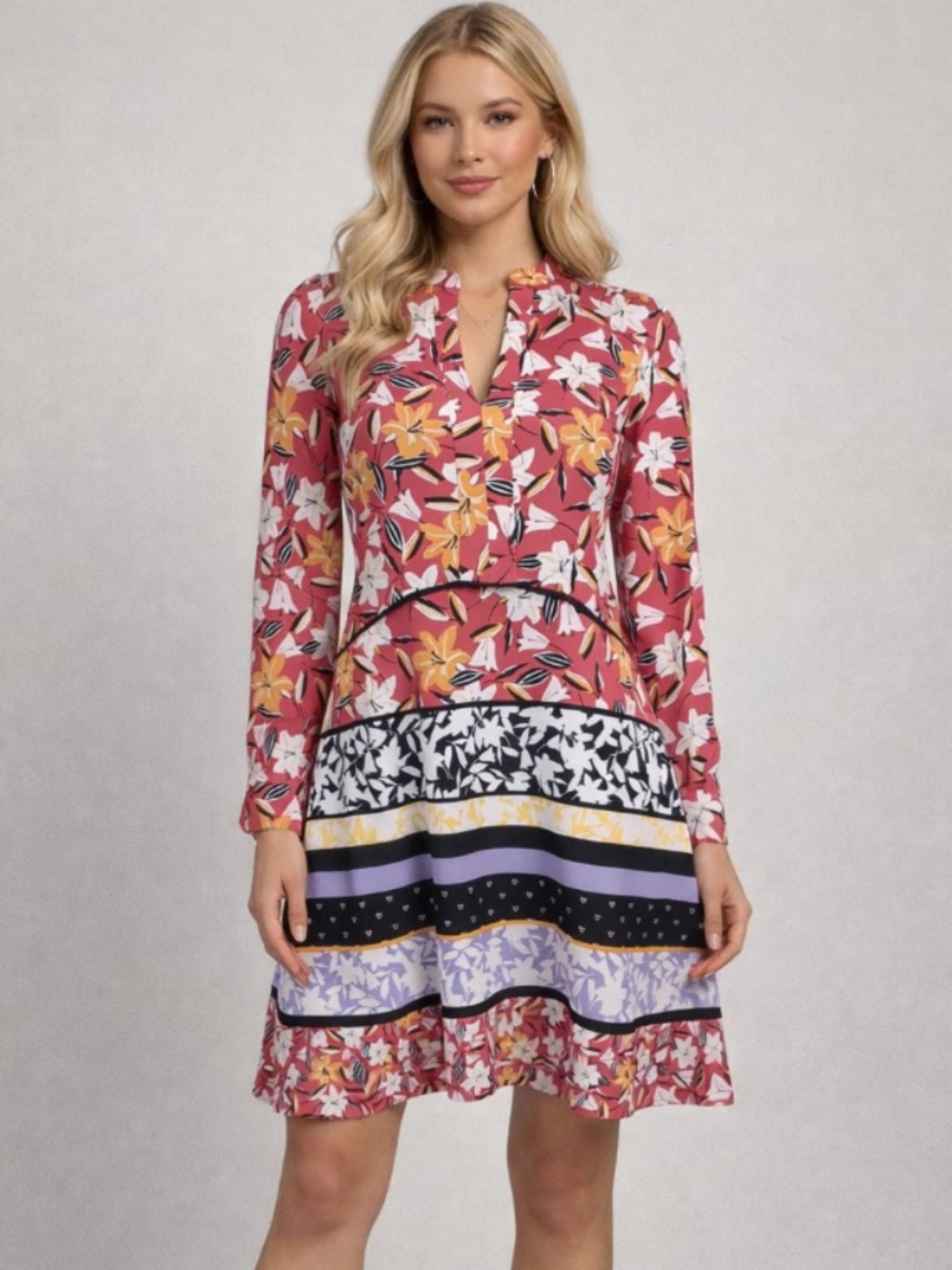 J. Taylor Floral Tiger Lily Print Long Sleeve Split V-Neck Dress Size 8